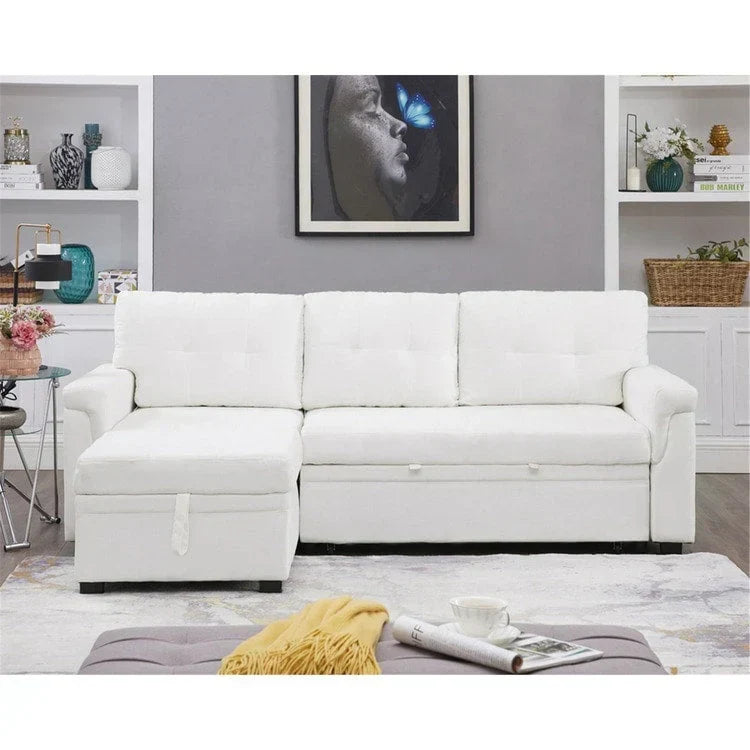 Umbaubares, beidseitig montierbares Ecksofa mit ausziehbarem Schlafbett, verstecktem Stauraum in der Recamiere und robusten Beinen