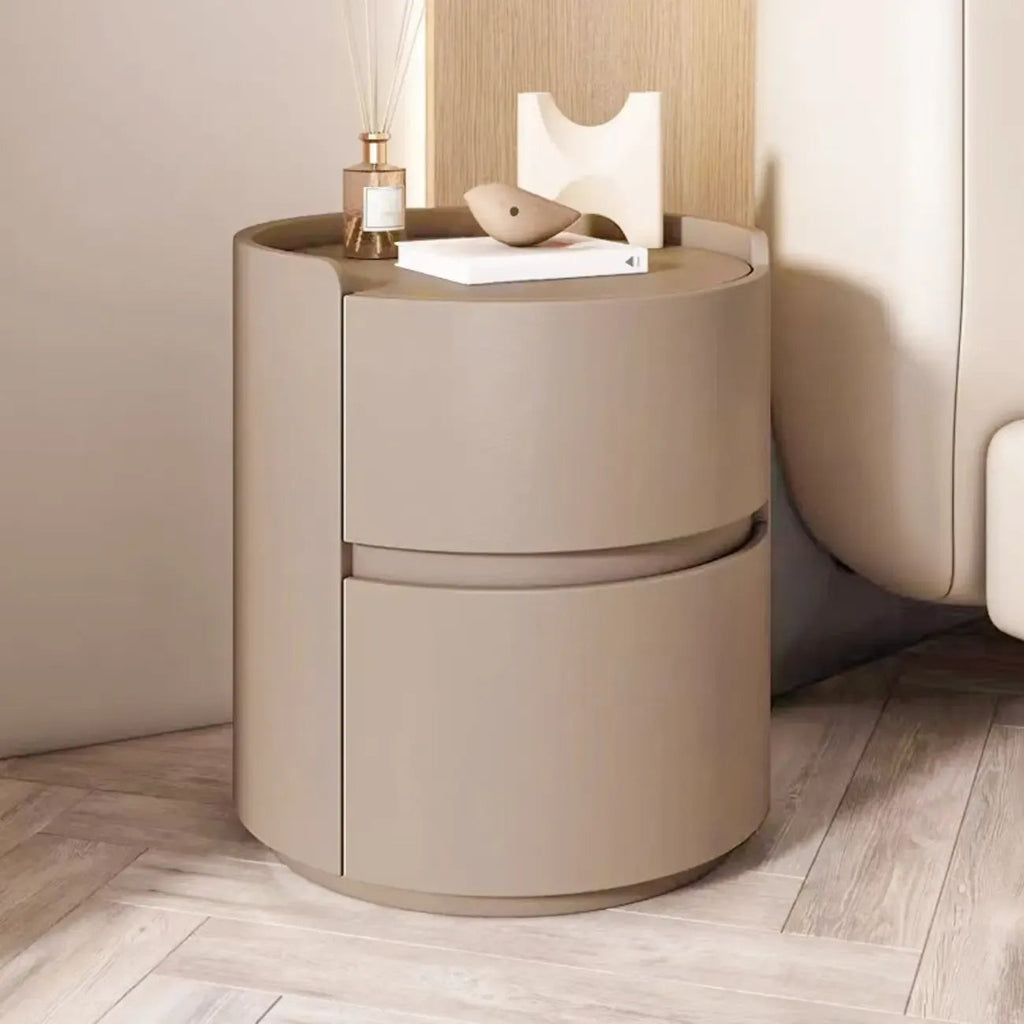 Comodino rotondo moderno con vassoio in pelle e 2 cassetti