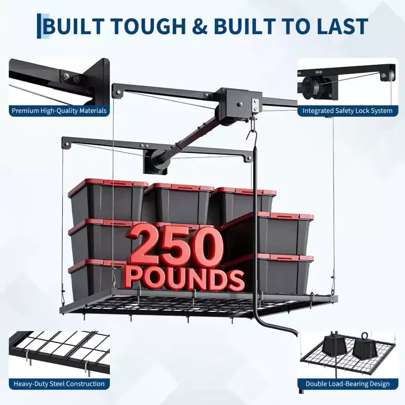 Portaoggetti da soffitto regolabile per garage, robusto, con blocco di sicurezza, portata di 250 lb per contenitori, attrezzi, biciclette e altri oggetti da garage