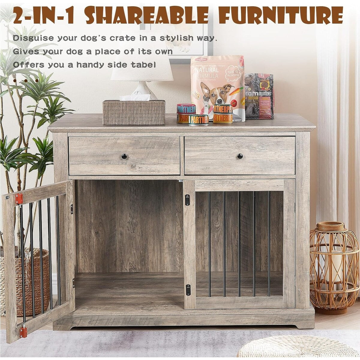 Cuccia per cani BOSSIN da 44 pollici, mobile in legno con tavolino laterale e cassetti contenitori, cuccia decorativa per animali domestici