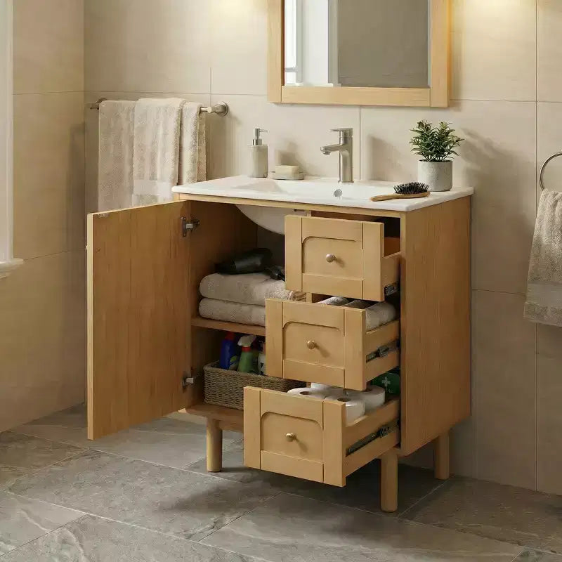 Mobiletto bagno in ceramica JVNOXK da 30 pollici, stile rustico moderno, con 3 cassetti e 1 grande anta a chiusura ammortizzata, mobile contenitore, venatura naturale del legno
