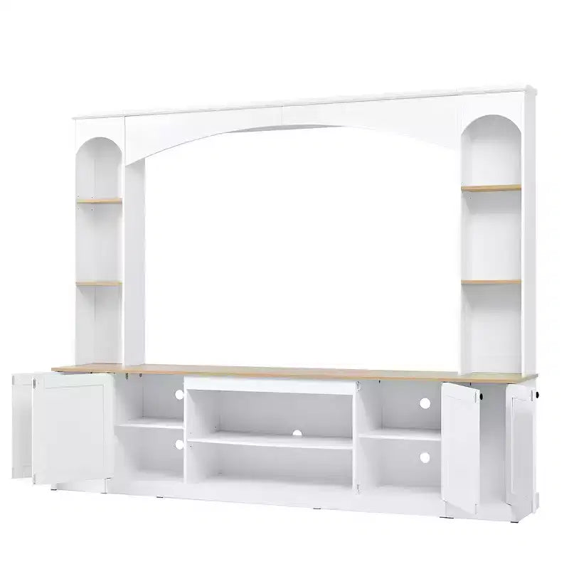 Whisen 91 Medienkonsole, geschwungene Entertainment-Center-Wandeinheit, TV-Schrank im Landhausstil mit Bücherregal in Holzoptik für Fernseher bis zu 70