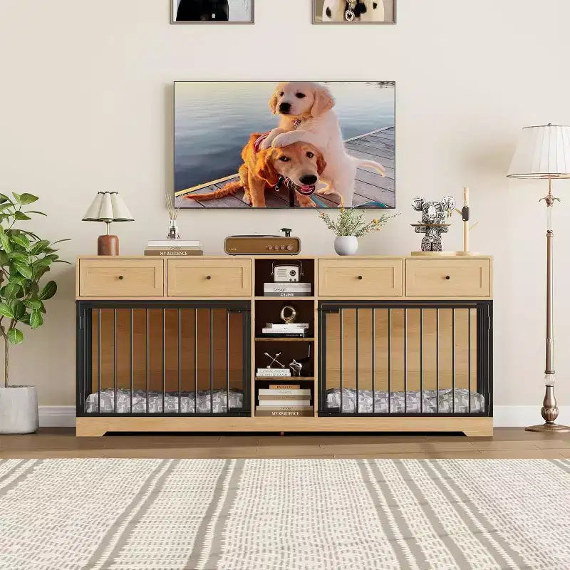 Meuble double cage pour chiens 82, grand chenil d’intérieur pour 2 chiens, cage en bois robuste faisant office de meuble TV avec 4 tiroirs et des étagères