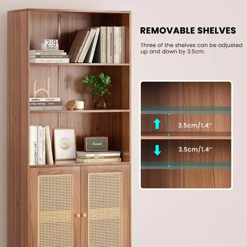 TUYOHW Tall Bookcase with Rattan Doors,5-Shelf Freestanding Storage Cabinet,Bookshelf for Living Room,Bedroom,Home Office