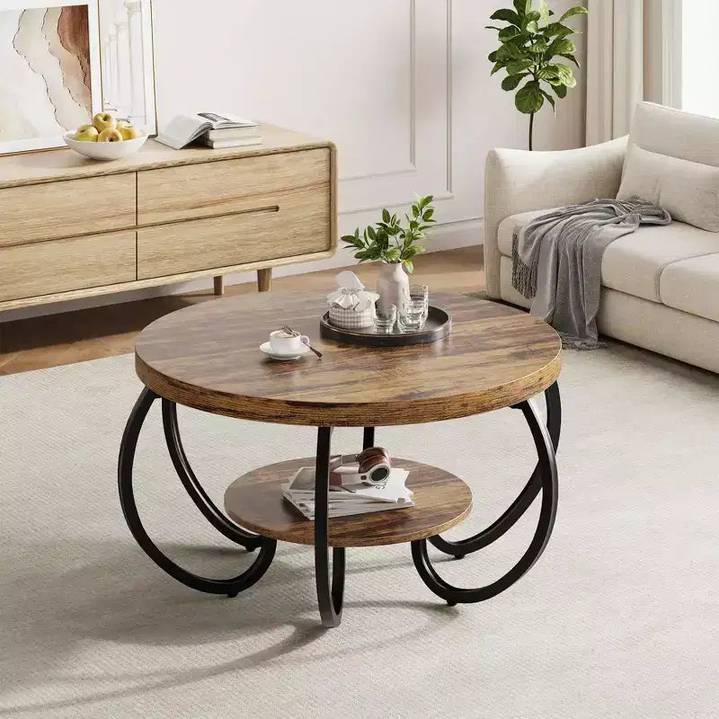 Tavolino rotondo industriale da 30 Inch a 2 livelli con piedini regolabili, ripiano effetto legno, design a fiamma, facile da montare, per soggiorno