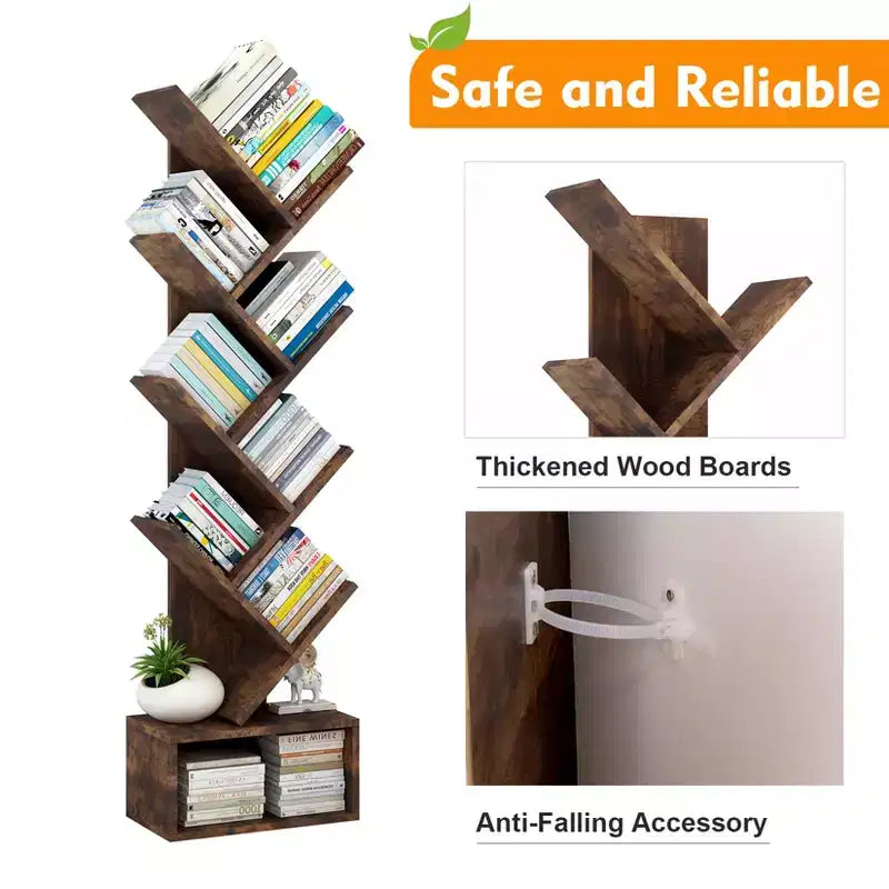 Baumförmiges Bücherregal mit 8 Ebenen, offenes Regal im rustikalen Stil, ideal für Wohnzimmer, Schlafzimmer und Büros