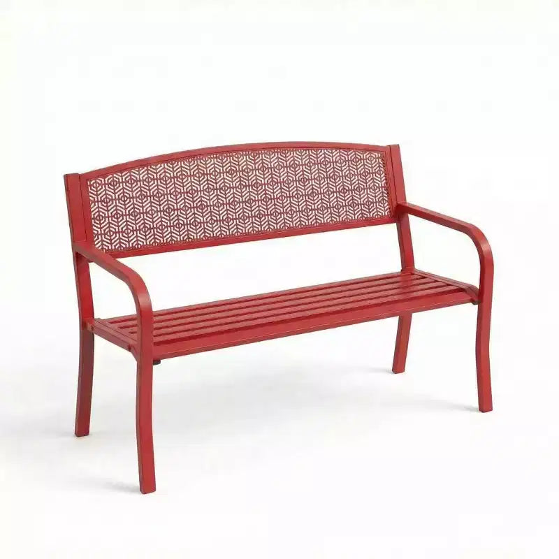 Banc d’extérieur en métal pour 2 personnes, mobilier de jardin en acier avec dossier géométrique pour patio, jardin et véranda