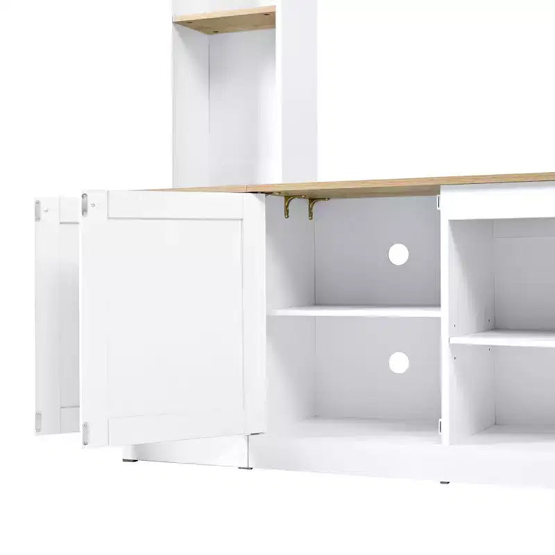 Whisen 91 Medienkonsole, geschwungene Entertainment-Center-Wandeinheit, TV-Schrank im Landhausstil mit Bücherregal in Holzoptik für Fernseher bis zu 70