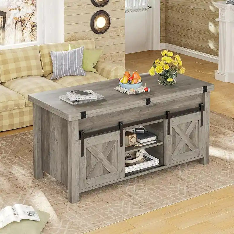 Table basse relevable avec 2 portes coulissantes de style grange, rangement et table à manger