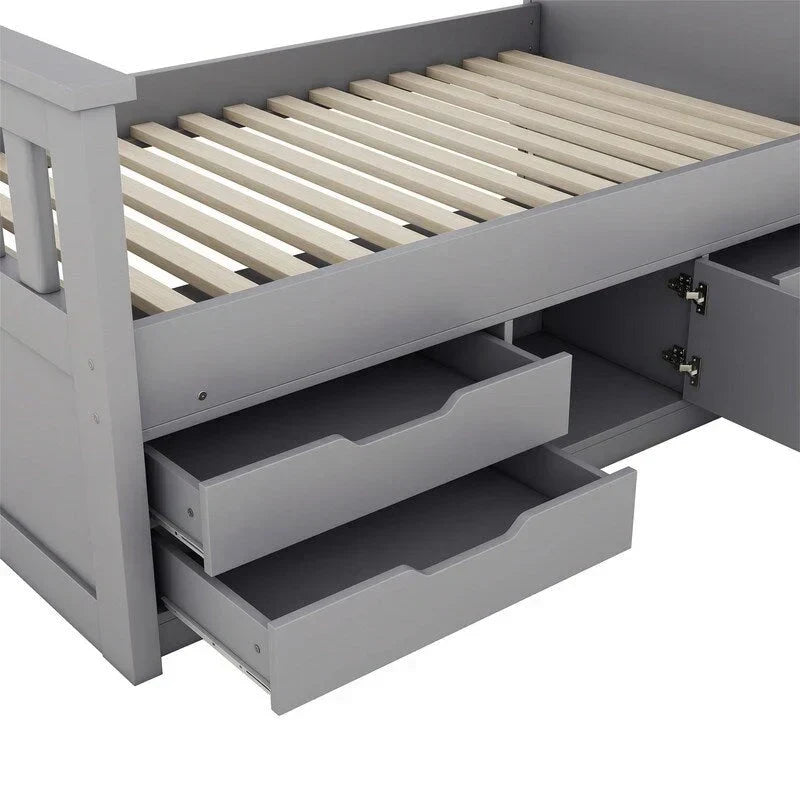 Letto a piattaforma Captain singolo/matrimoniale con 4 cassetti e ripiani contenitori, struttura in legno massello con testiera libreria contenitore