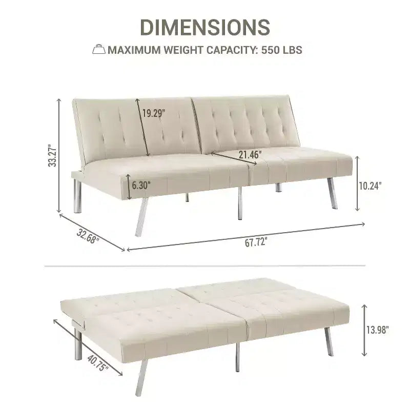 Getuftetes Futonsofa mit geteilter Rückenlehne, Schlafsofa mit verchromten Beinen