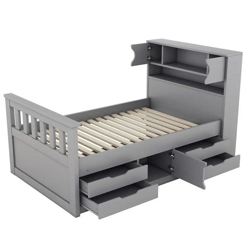 Letto a piattaforma Captain singolo/matrimoniale con 4 cassetti e ripiani contenitori, struttura in legno massello con testiera libreria contenitore