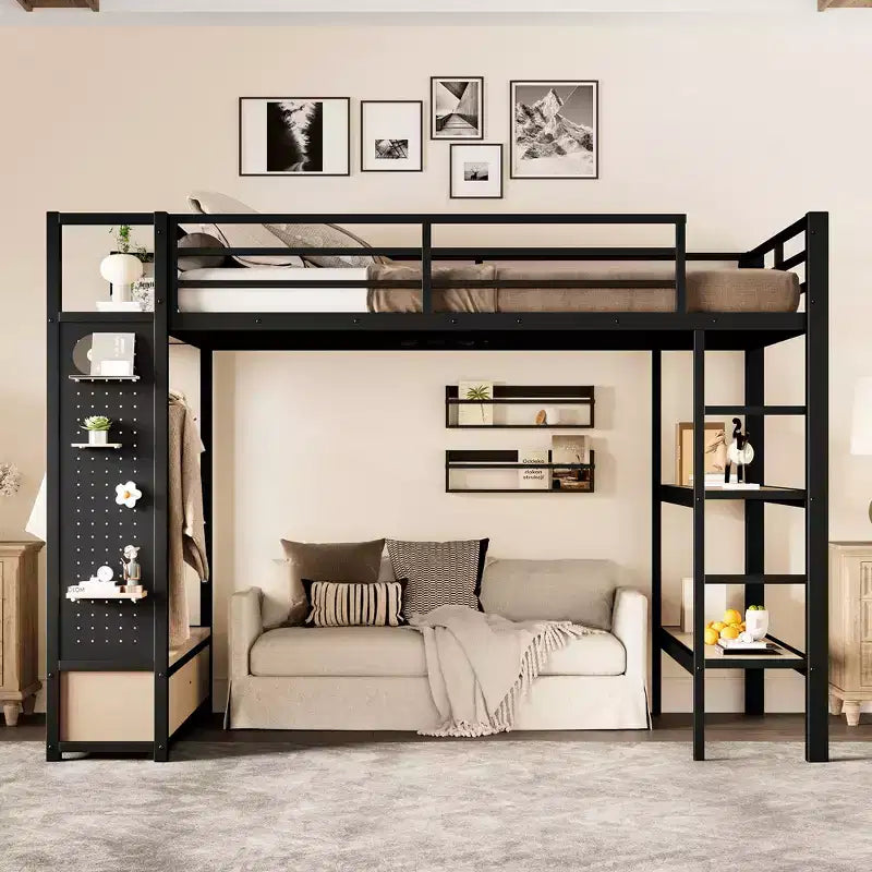 Metall-Hochbett für Full-/Queen-Size-Matratzen, Komplettset mit Kleiderschrank, Ablagefächern und Lochwand, Schwarz - ModernLuxe