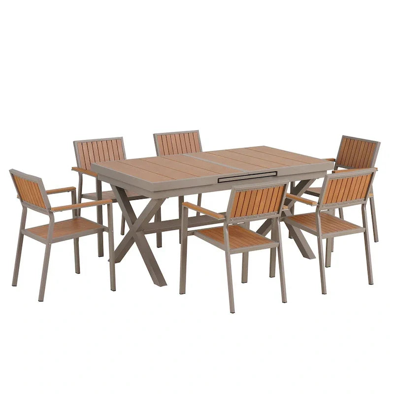 7-delige uitschuifbare eethoek voor buiten met uitschuifbare tafel en 6 stoelen met armleuningen