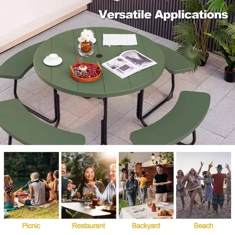 Costway Rundes Picknicktisch-Bank-Set für 8 Personen für den Außenbereich, mit 4 Bänken und Schirmloch, Schwarz/Grau/Grün/Weiß
