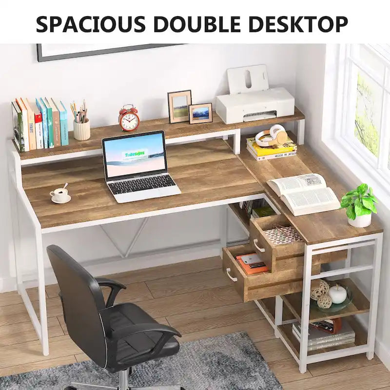 Schreibtisch in L-Form mit Schublade, Eckschreibtisch fürs Homeoffice mit Ablagefächern und Monitorständer, rustikaler PC-Schreibtisch für kleine Räume