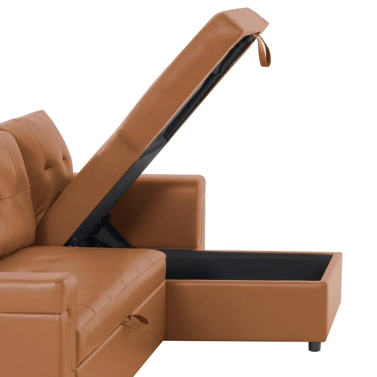 Umbaubares, beidseitig montierbares Ecksofa mit ausziehbarem Schlafbett, verstecktem Stauraum in der Recamiere und robusten Beinen