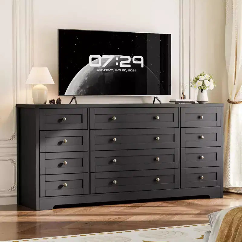 Commode en bois à 12 tiroirs pour chambre, meuble TV moderne et large pour téléviseur de 65 pouces, commode en bois, rangement champêtre pour vêtements dans le salon