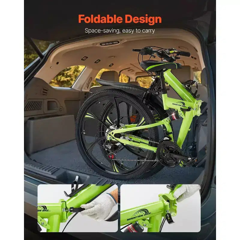Vélo de montagne pliant de 26 avec suspension intégrale, transmission à 21 vitesses, freins à disque et cadre en acier à haute teneur en carbone pour hommes et femmes adultes