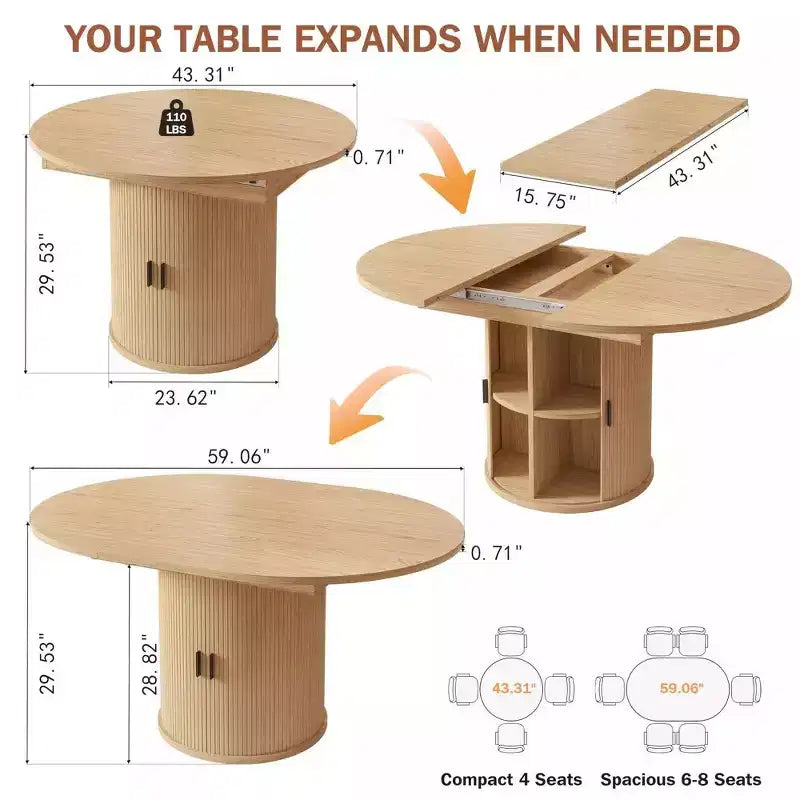 Tavolo da cucina e sala da pranzo rotondo allungabile Dyonery 63, con ripiano contenitore a 2 livelli e base a piedistallo, mobile da pranzo in legno ovale e circolare, noce