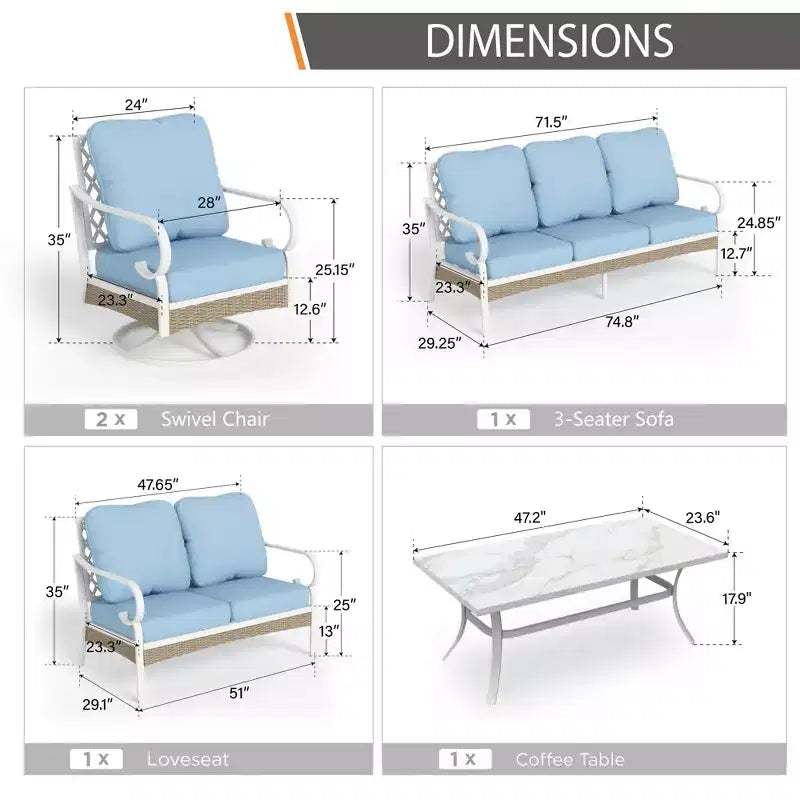 Captiva Designs 5-teiliges extra großes Outdoor-Lounge-Set aus Metall und Rattan mit Drehstühlen mit Gitterlehne und Zweisitzer