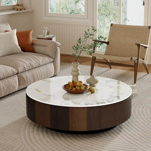 Moderner runder Couchtisch in Marmoroptik, 35, mit weißer glänzender Tischplatte aus gesintertem Stein, Mid-Century-Tisch mit Schublade aus Massivholz