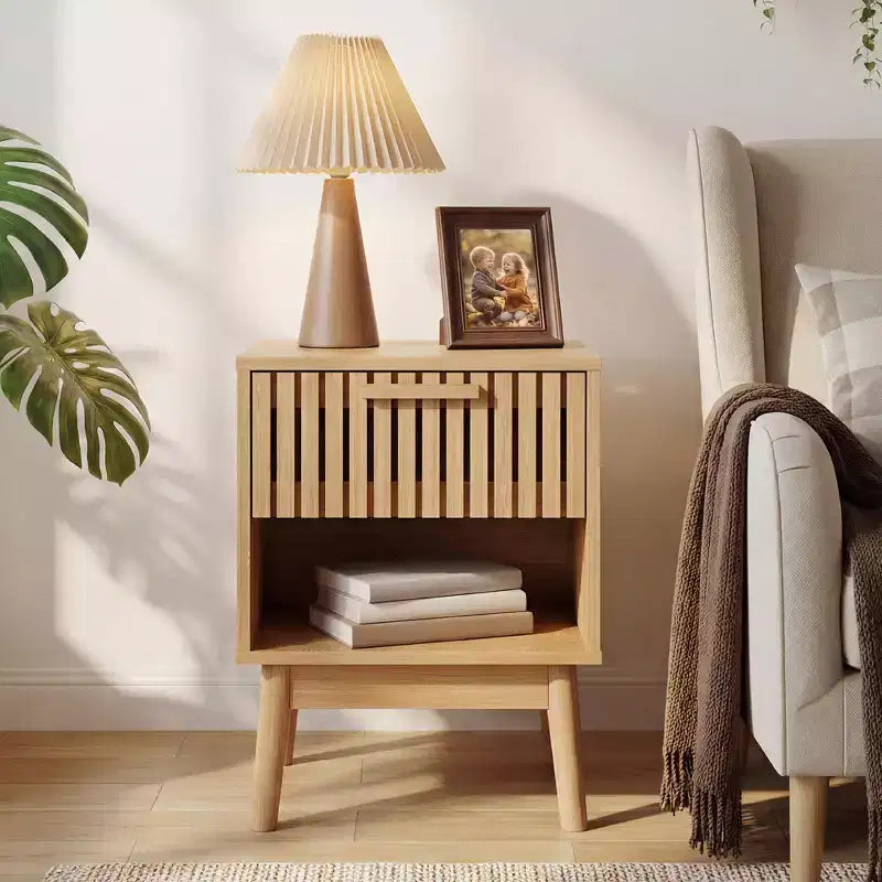 Set di 2 comodini boho con cassetto a righe e ripiano aperto, tavolini compatti in legno da comodino, ideali per piccoli spazi, camera da letto e soggiorno
