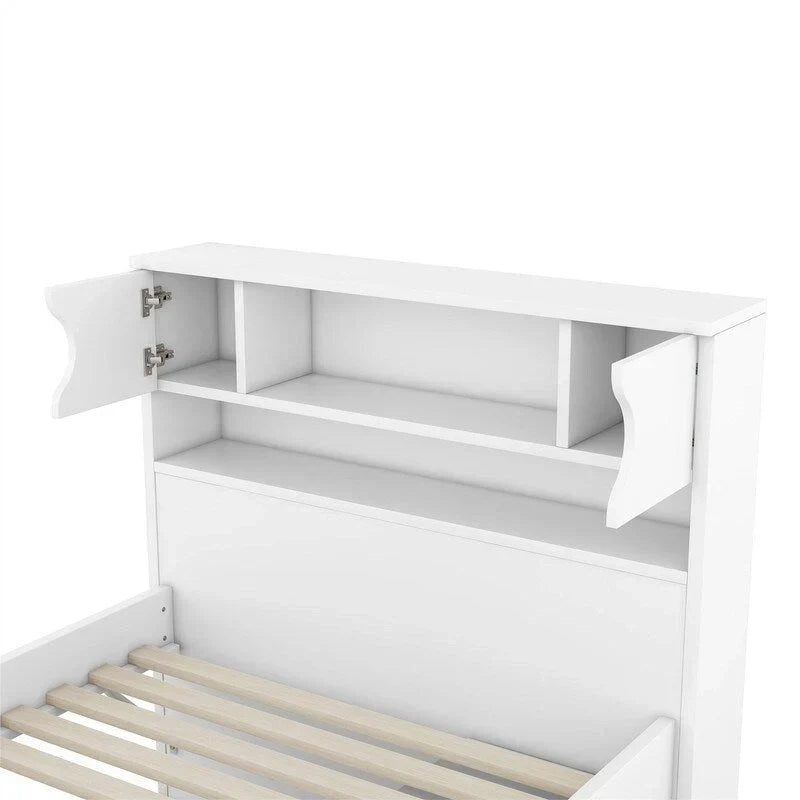 Letto a piattaforma Captain singolo/matrimoniale con 4 cassetti e ripiani contenitori, struttura in legno massello con testiera libreria contenitore