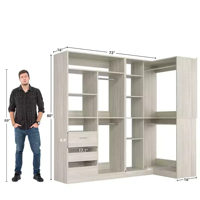 Besiost Set aus 2 Eck-Kleiderschranksystemen mit Regaltürmen, freistehender Kleiderschrank-Organizer mit Schubladen