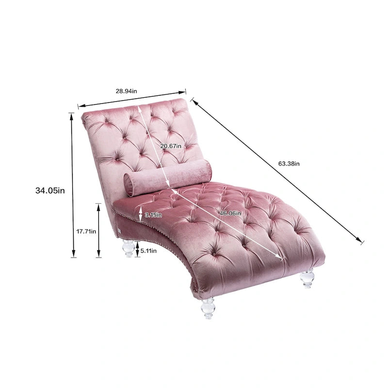 Chaise longue reclinabile imbottita in velluto con bottoni, cuscino e piedini in acrilico