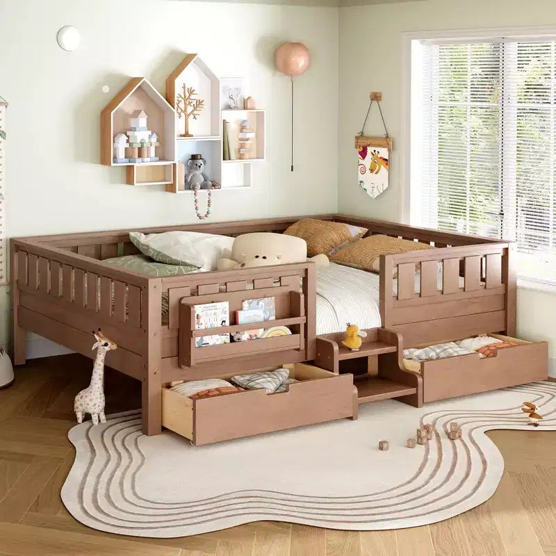 Bellemave Kinderbett in Queen-Size mit 14 Sicherheitsgittern, platzsparender Bettrahmen mit integrierten Bücherregalen und 2 Schubladen unter dem Bett