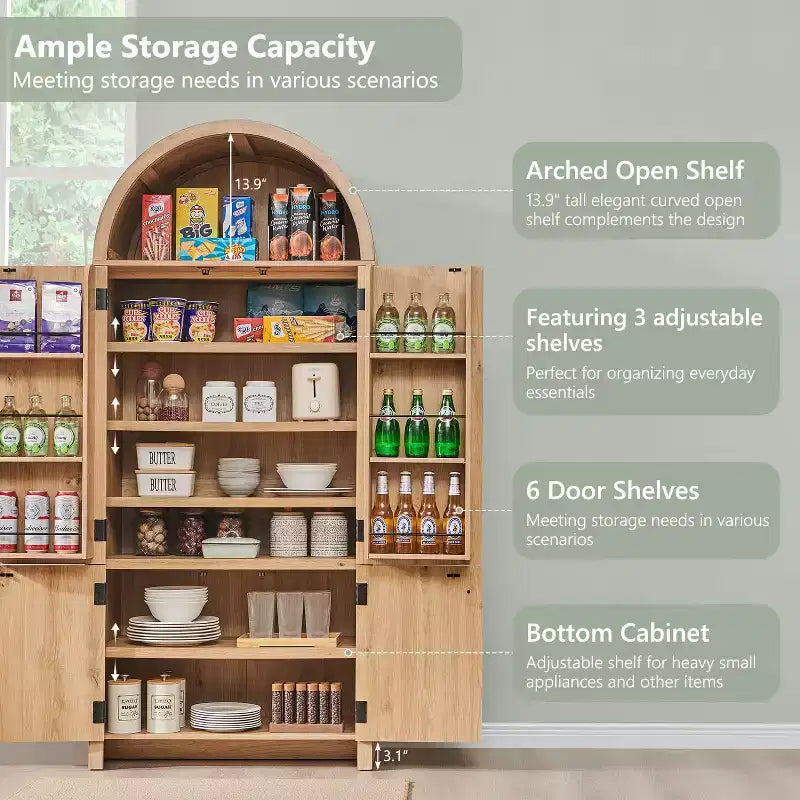 Dispensa da cucina alta 71 con arco, mobile contenitore moderno con 3 ripiani regolabili e 6 ripiani nelle ante, per cucina e soggiorno
