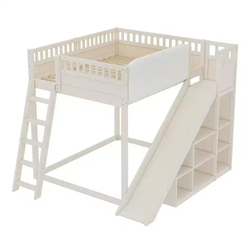 Lit mezzanine Bellemave avec tête de lit rembourrée et étagères de rangement, cadre en bois massif avec échelle et toboggan pour enfants