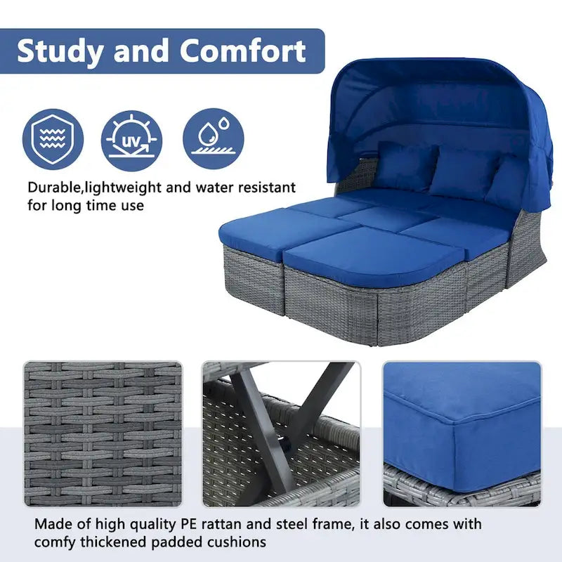 Graues Outdoor-Daybed aus Rattan mit Kissen und ausziehbarem Sonnendach