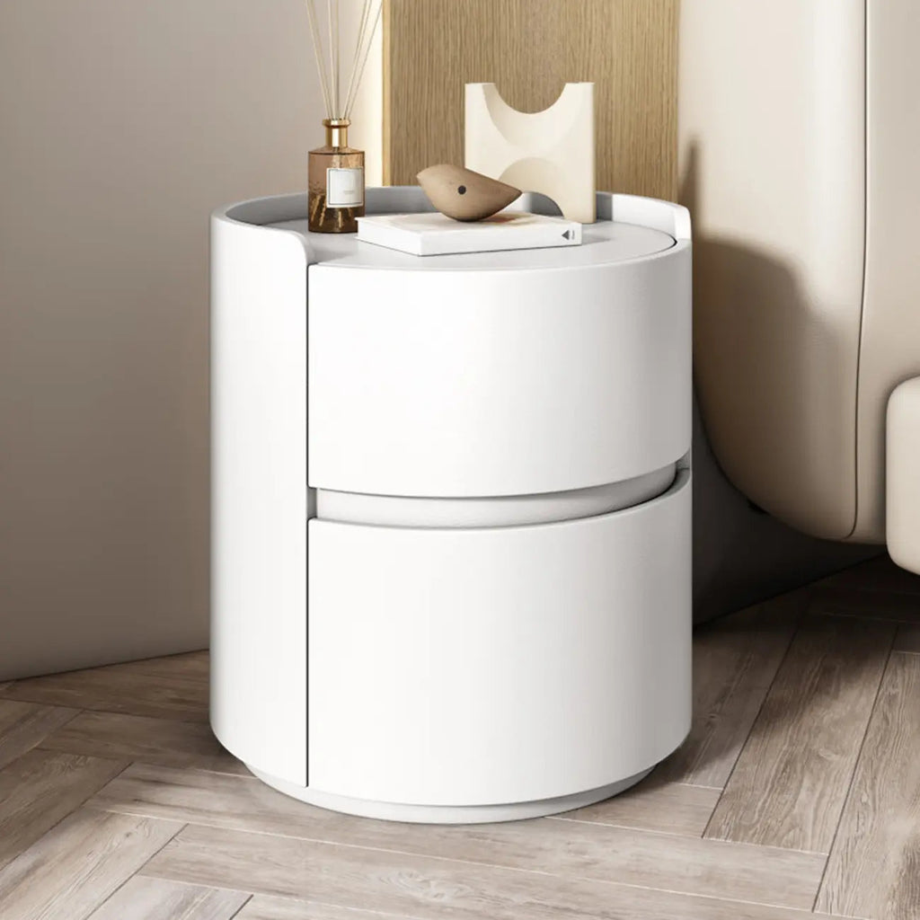 Comodino rotondo moderno con vassoio in pelle e 2 cassetti