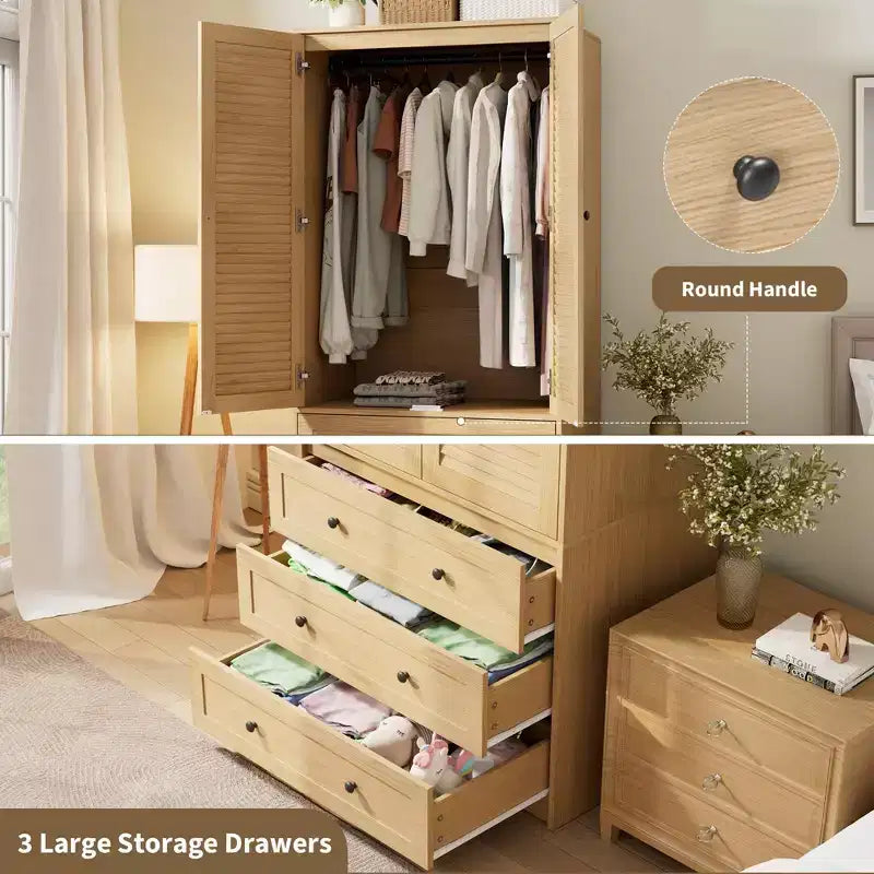 COZONY kledingkast met 3 laden en 2 deuren, moderne houten kast voor de slaapkamer, stevige witte kledingkast