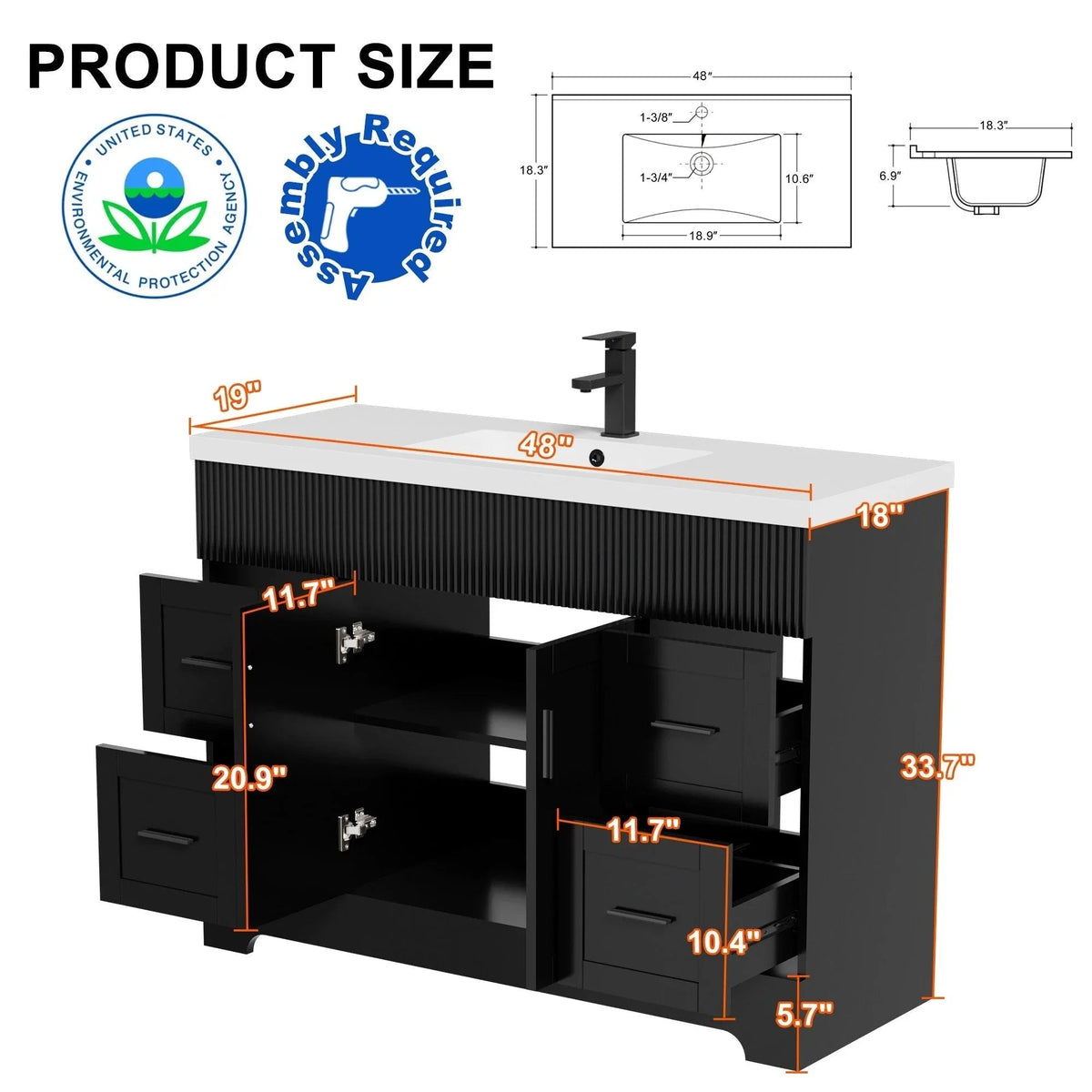 Ensemble meuble-lavabo de salle de bain Wavy Line 30/36/48 avec lavabo et robinet