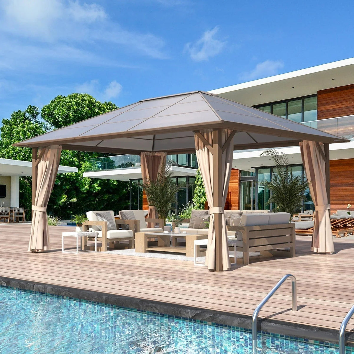 EROMMY hardtop-paviljoen, pergola voor buiten met dubbel dak, netten en gordijnen, extra stevig zonnescherm voor terras, achtertuin en zwembadfeest