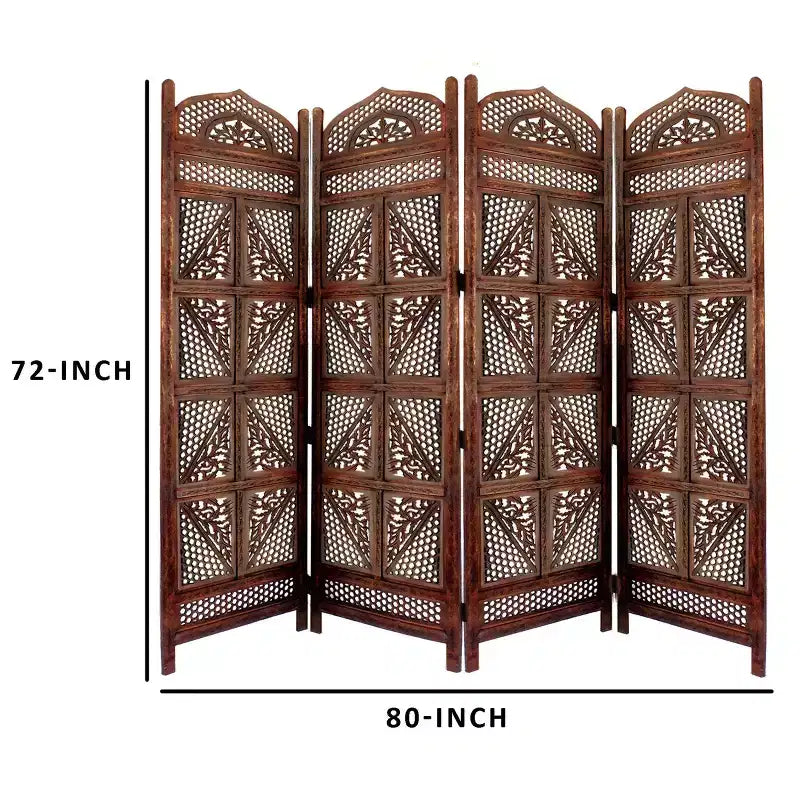 Paravent traditionnel en bois à quatre panneaux Benzara, avec détails sculptés à la main, marron antique