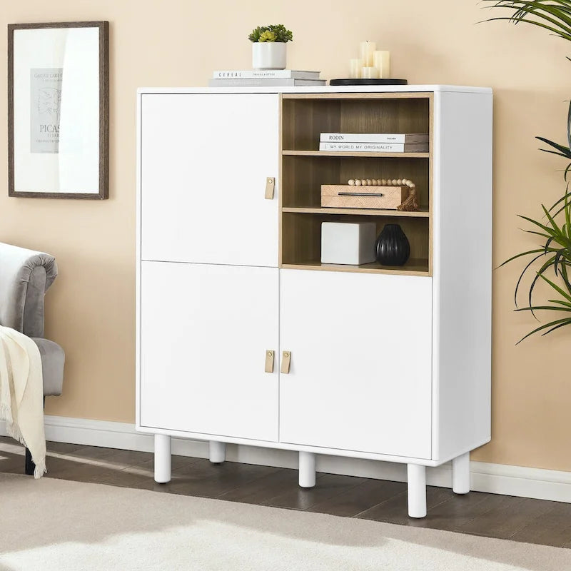 Multifunktionaler Aufbewahrungsschrank mit Tür, modernes Sideboard, Aufbewahrungsschrank aus Holz, Schubladenschrank mit Ledergriffen