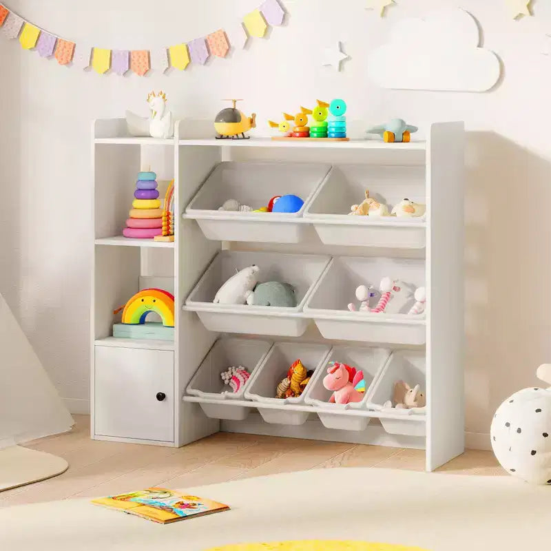 Costway Spielzeugaufbewahrung und Bücherregal für Kinder, Bücherregal aus Holz mit 4 kleinen und 4 großen Boxen, Grau/Weiß