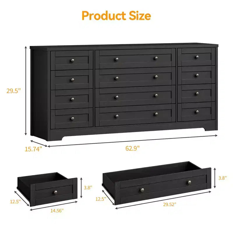 Commode en bois à 12 tiroirs pour chambre, meuble TV moderne et large pour téléviseur de 65 pouces, commode en bois, rangement champêtre pour vêtements dans le salon
