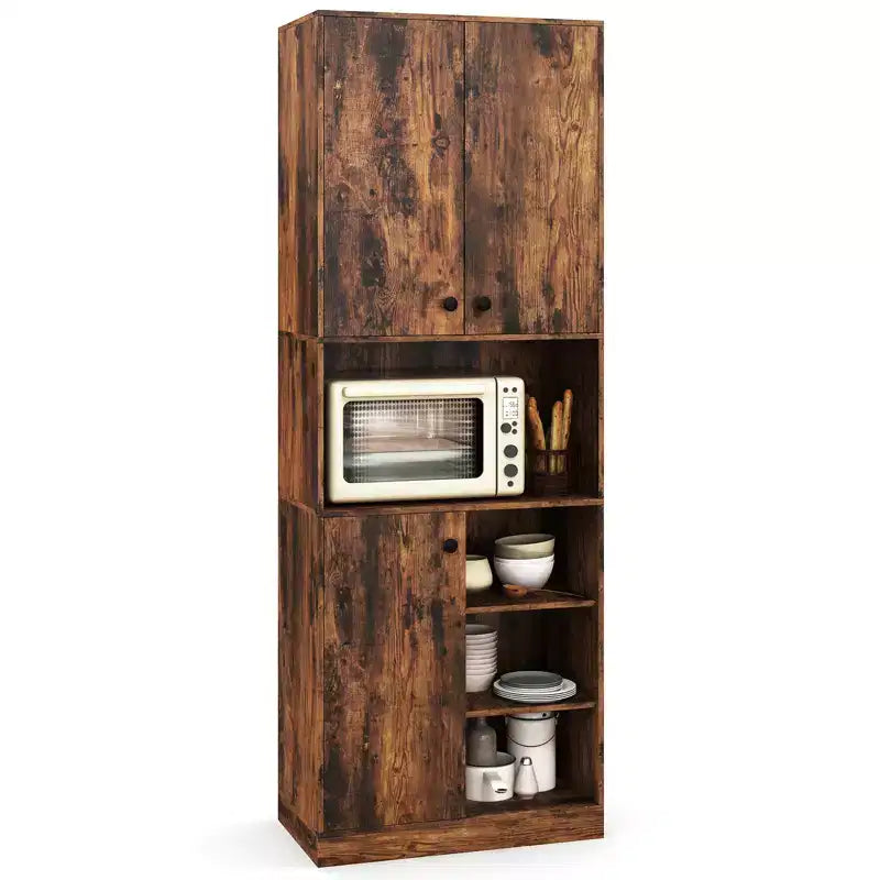 Costway Küchenschrank mit Vorratsaufbewahrung, 65.5 hoch, moderner Buffetschrank mit Mikrowellenständer, Braun/Weiß