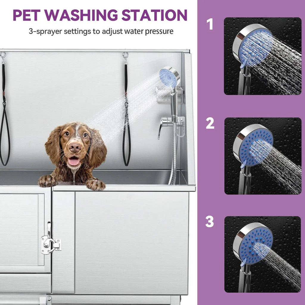 Baignoire de toilettage réglable pour animaux en acier inoxydable, largeur 50 W, avec marches et rampe
