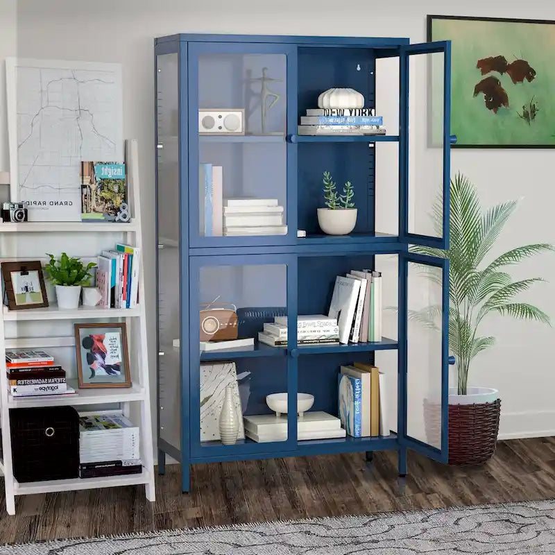 Sideboard aus kaltgewalztem Stahl mit vier Glastüren, verstellbaren Einlegeböden und Füßen