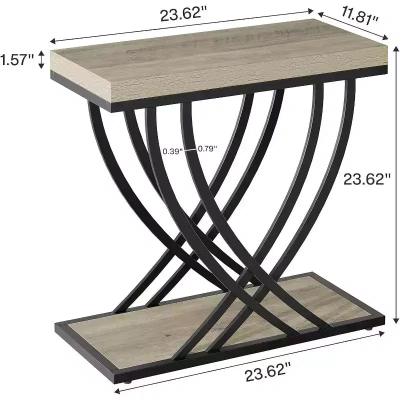 Table d’appoint à 2 niveaux, étroite, pour le salon, tables de chevet industrielles avec cadre en métal pour chambre, canapé, petits espaces, grise
