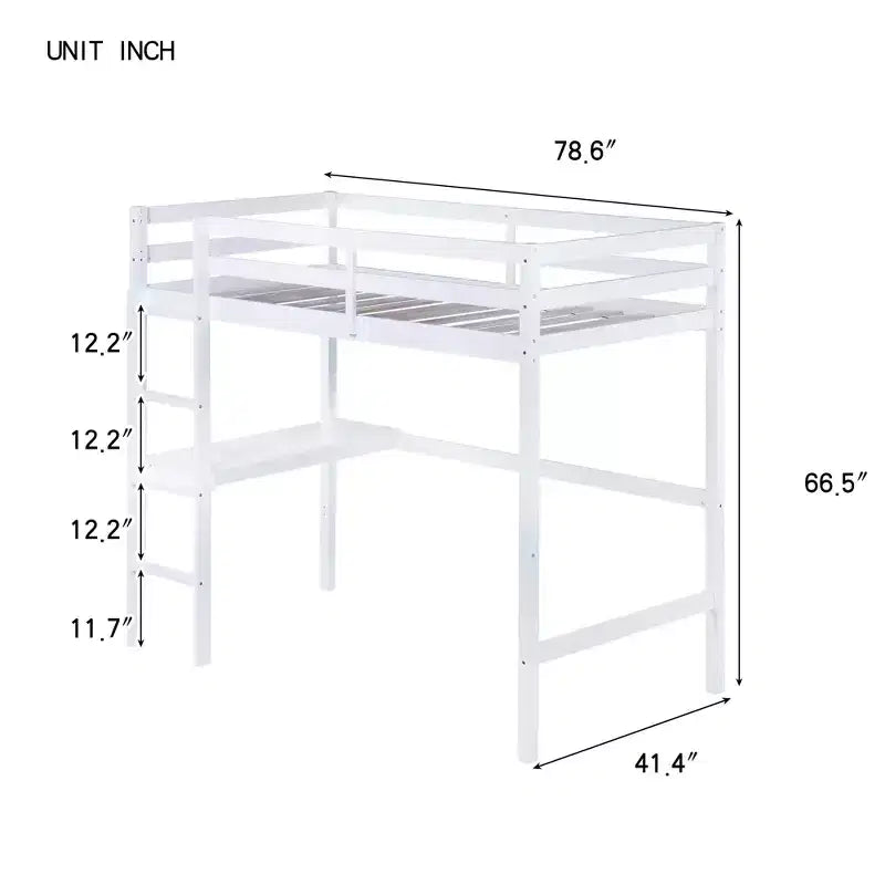 Lit mezzanine minimaliste Okak avec échelle, lit mezzanine pour lit simple en bois d’hévéa avec garde-corps de sécurité et bureau intégré, cadre de lit pour enfants et adolescents