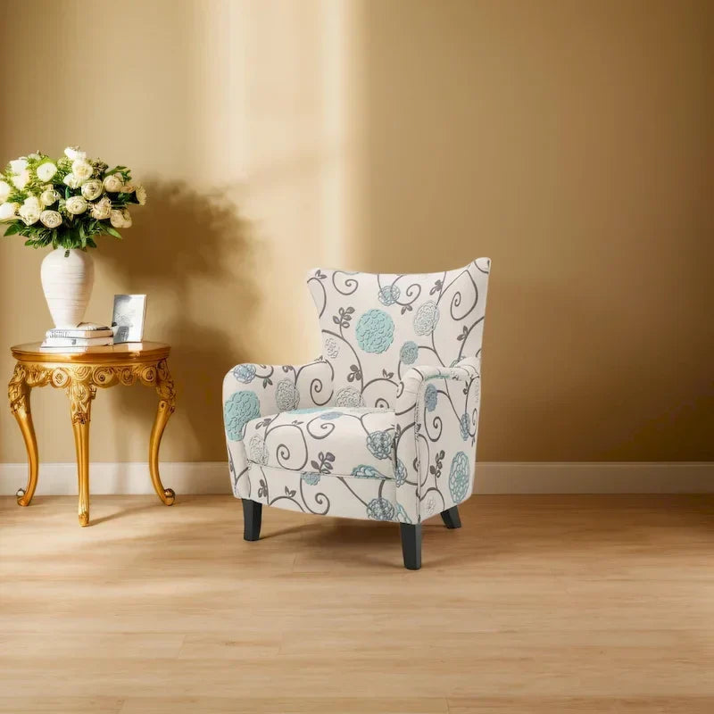 Moderne retro fauteuil met hoge rugleuning van 30.25 en houten poten voor de woonkamer