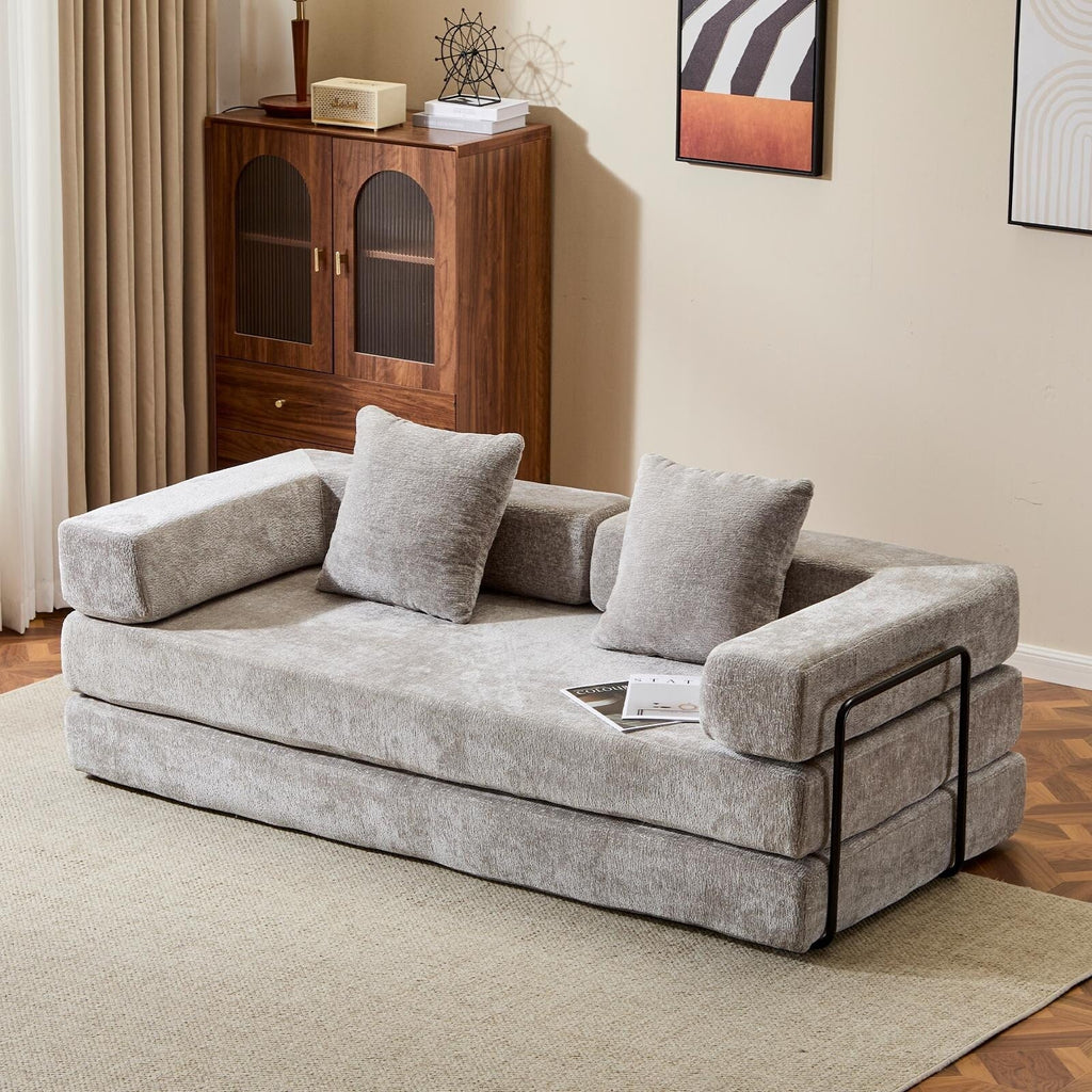 Canapé-lit convertible de sol avec dossier à coussins en tissu chenille, pour salon et chambre