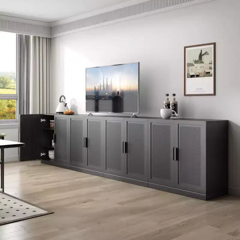 Mobile decorativo contenitore alto 62, con ante in vimini nero effetto legno e 12 ripiani